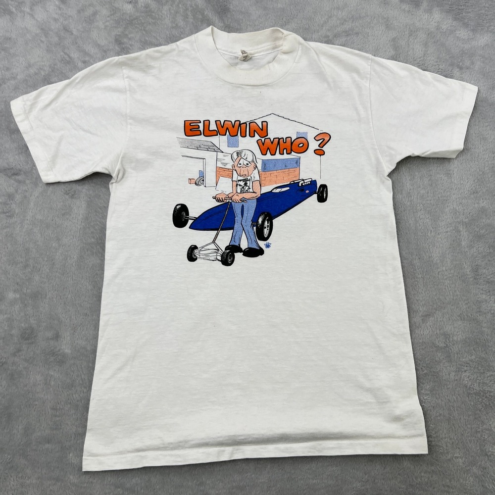 VTG 70s Hanes Beefy T Elwin Who Drag Racing Tee M White Double Sided Graphic